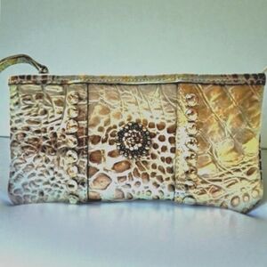 Raviani Of Garland Texas Croc Embossed Leather Wristlet Metallic Gold Ivory